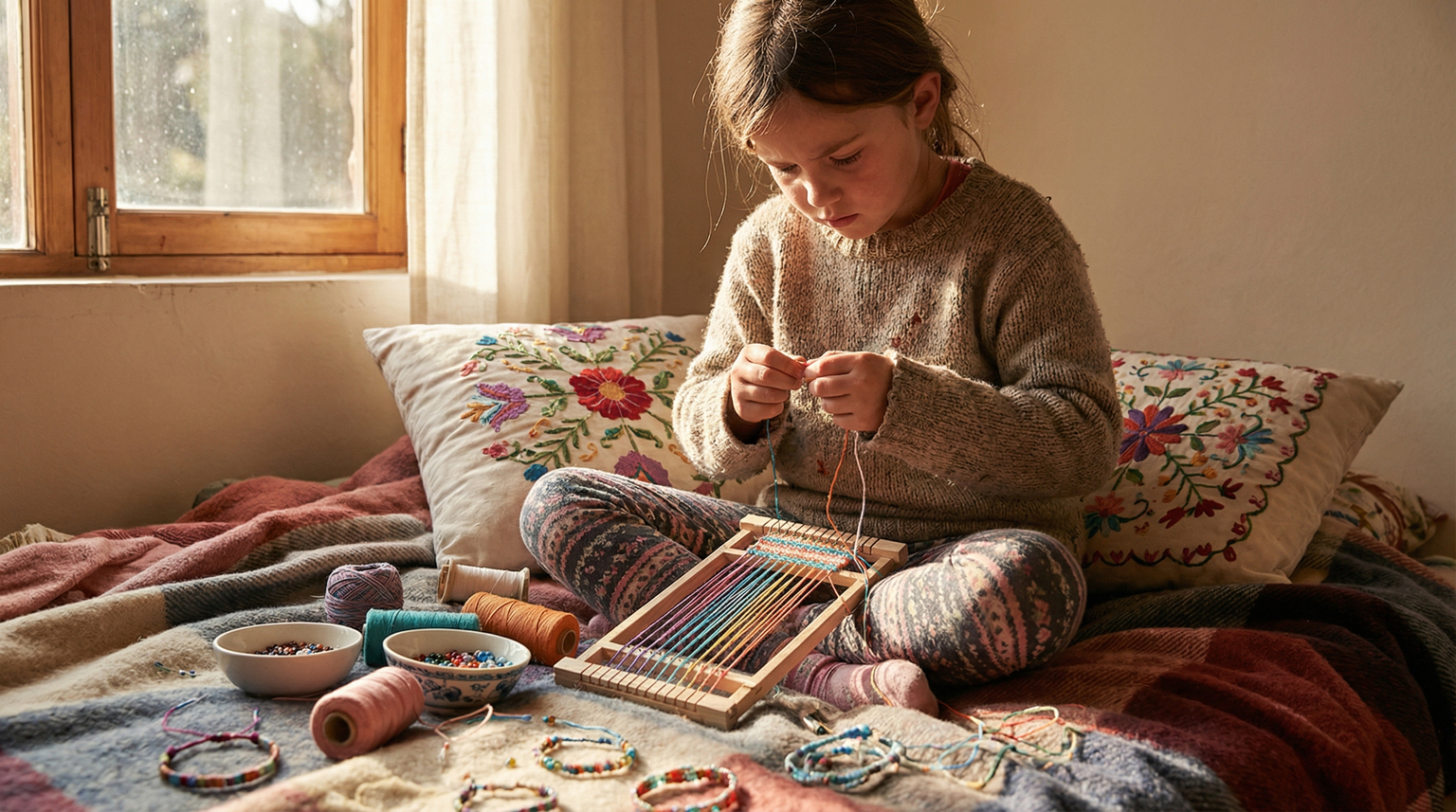 Ten-year-old girl deeply absorbed in making friendship bracelets with colorful threads surrounding her