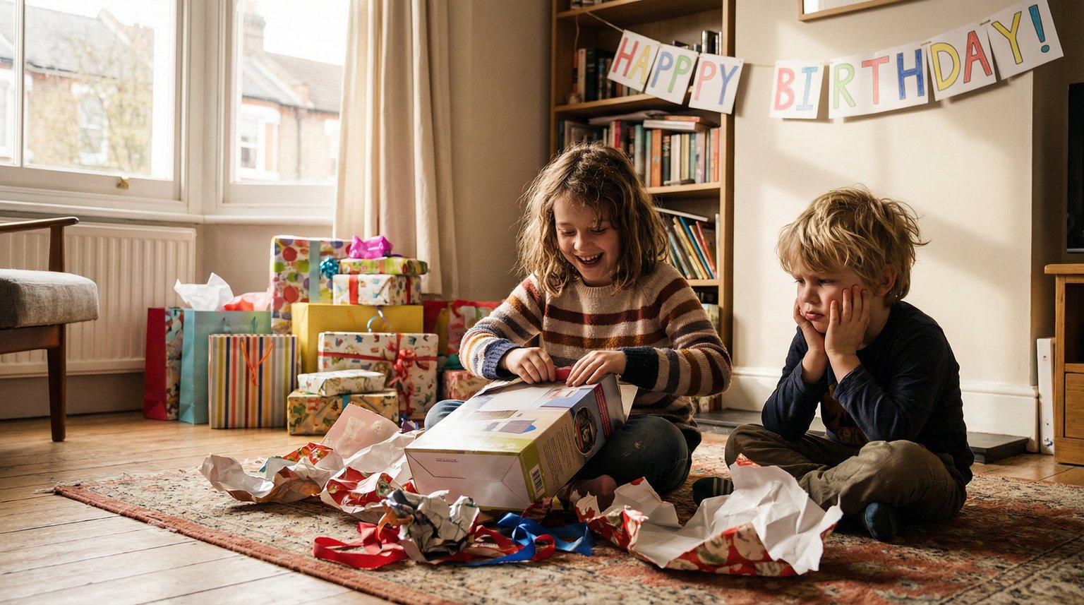 8-year-old girl opening birthday presents surrounded by wrapping paper while younger brother watches with mixed emotions