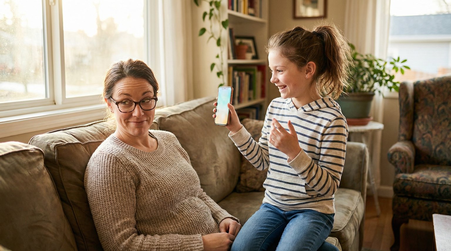 Pre-teen girl excitedly showing phone screen to skeptical but amused mom in cozy living room
