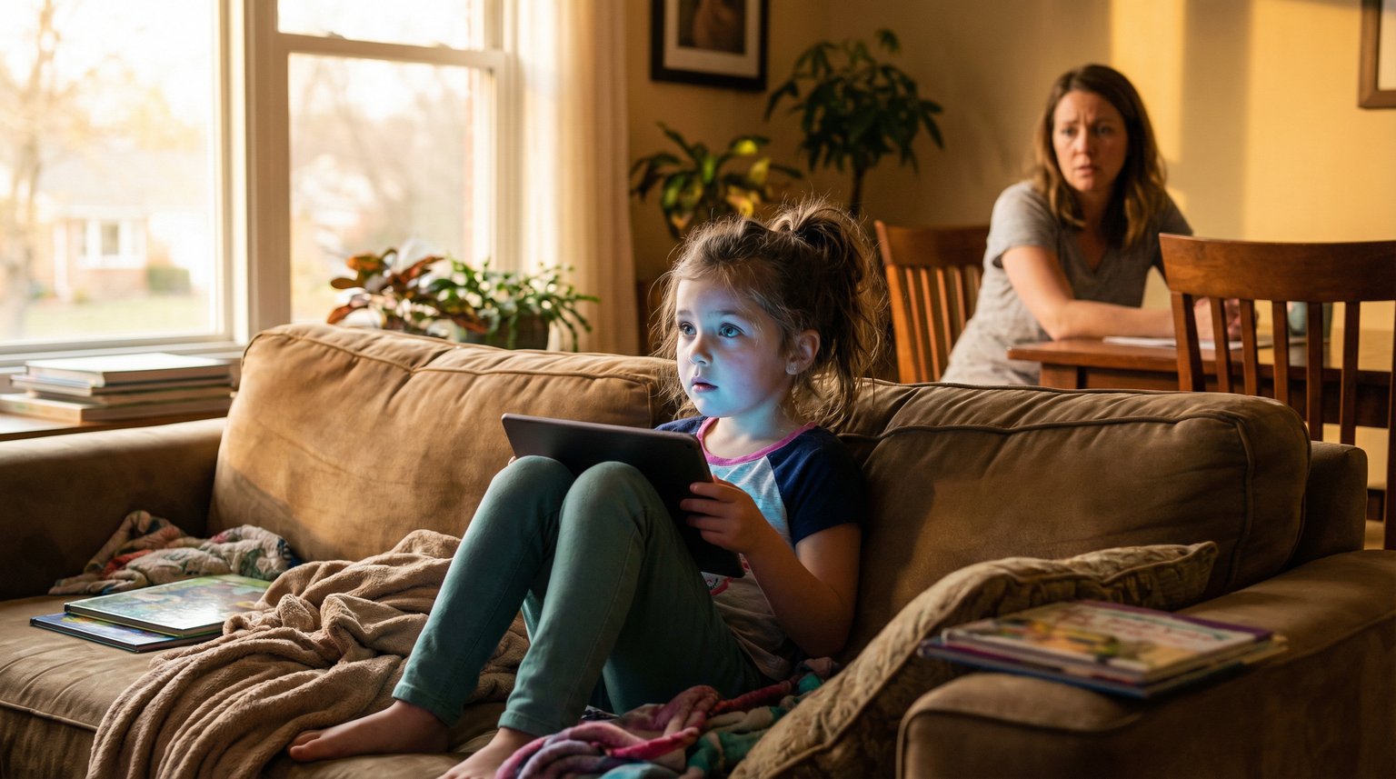 Six-year-old girl on couch holding tablet with screen glow illuminating her face while mother watches with concern in background