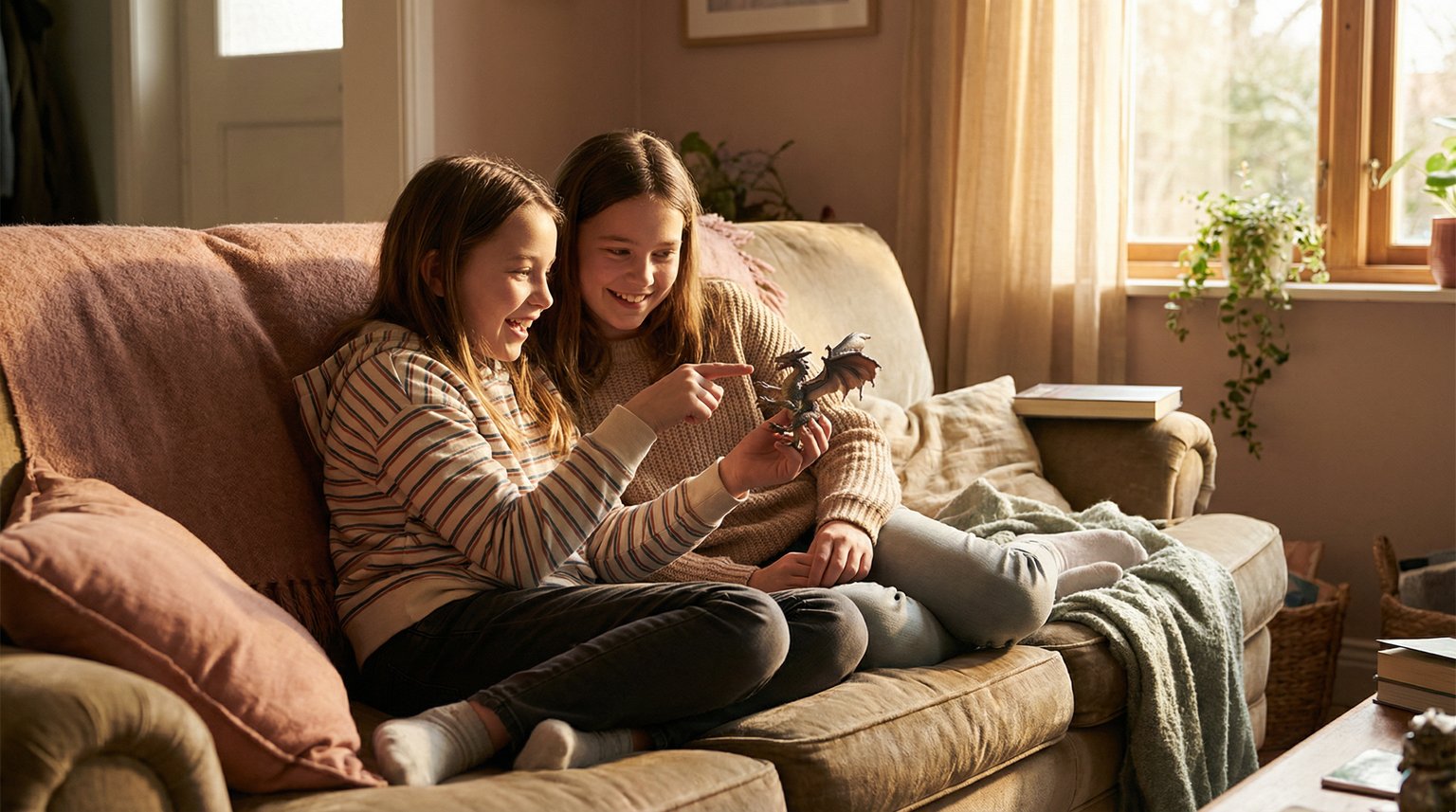 Two preteen girls on couch sharing excitement over a small collectible toy figure