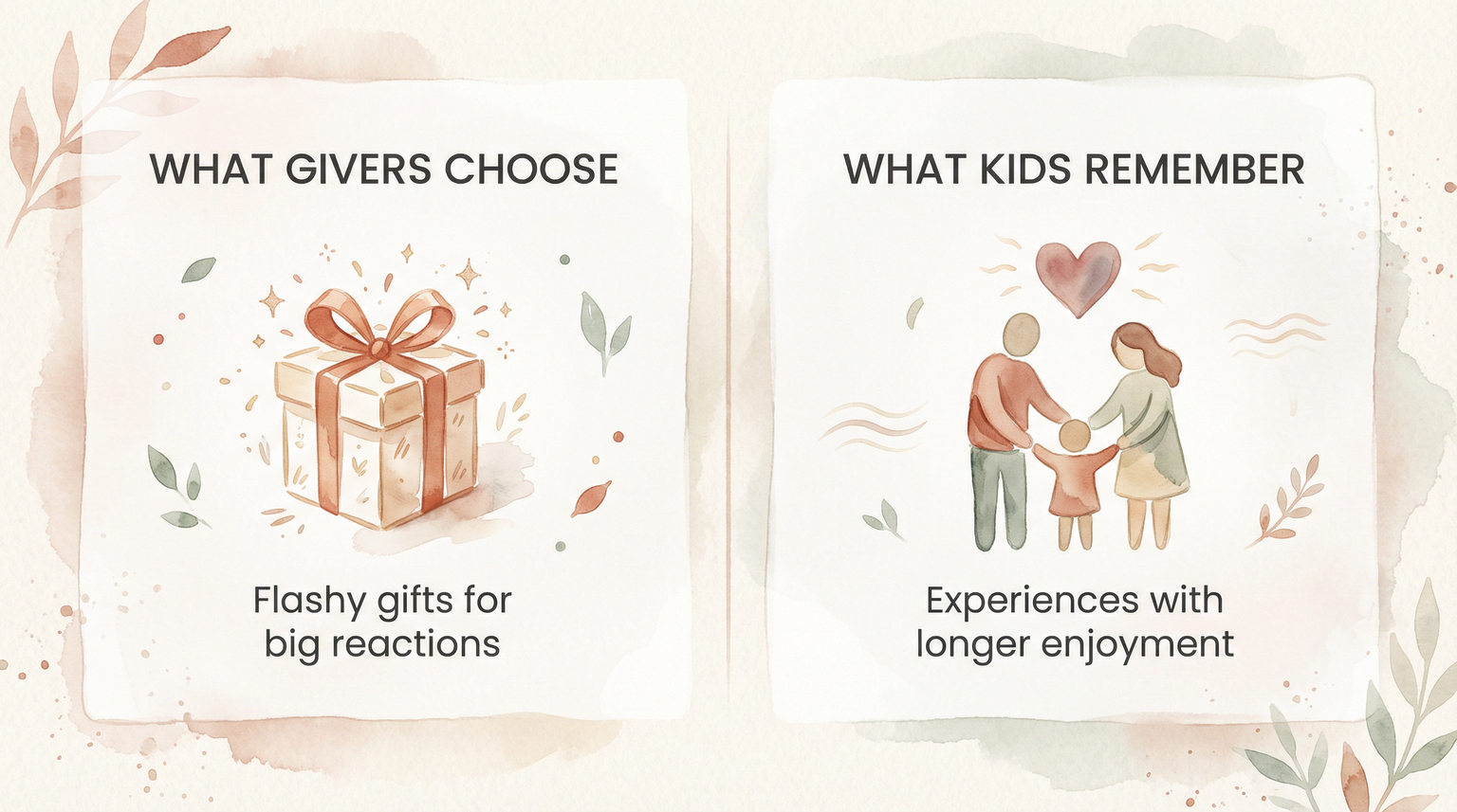 Comparison chart showing givers choose flashy gifts for big reactions while kids remember experiences with longer enjoyment