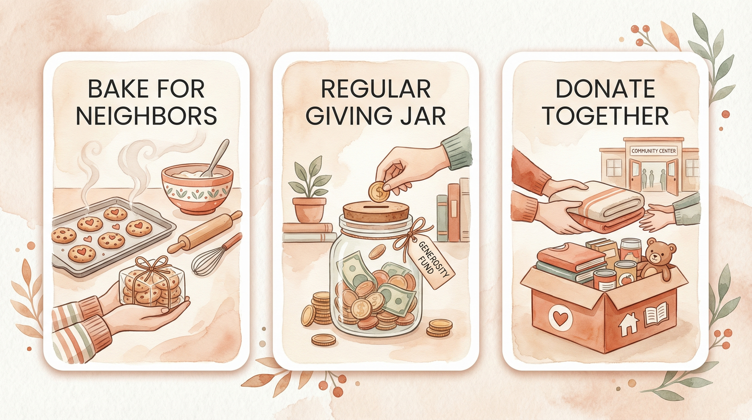 Three ways to practice outward generosity: bake for neighbors, regular giving jar, donate together