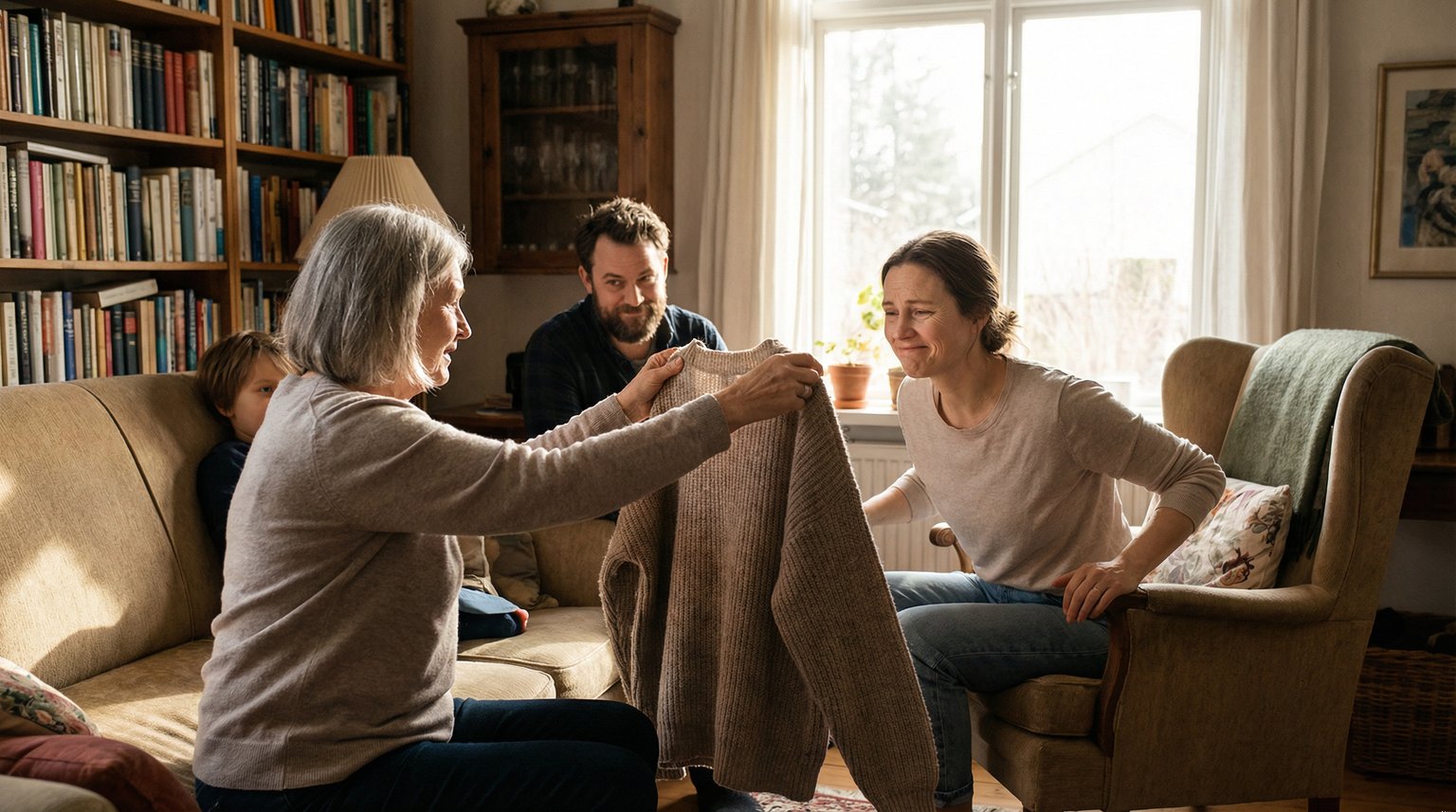 Parent graciously accepting an unexpected gift from older relative with gentle smile