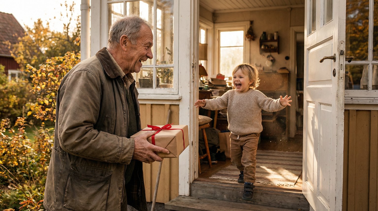 Grandfather arriving at front door with wrapped gift as excited grandchild runs toward him with arms outstretched