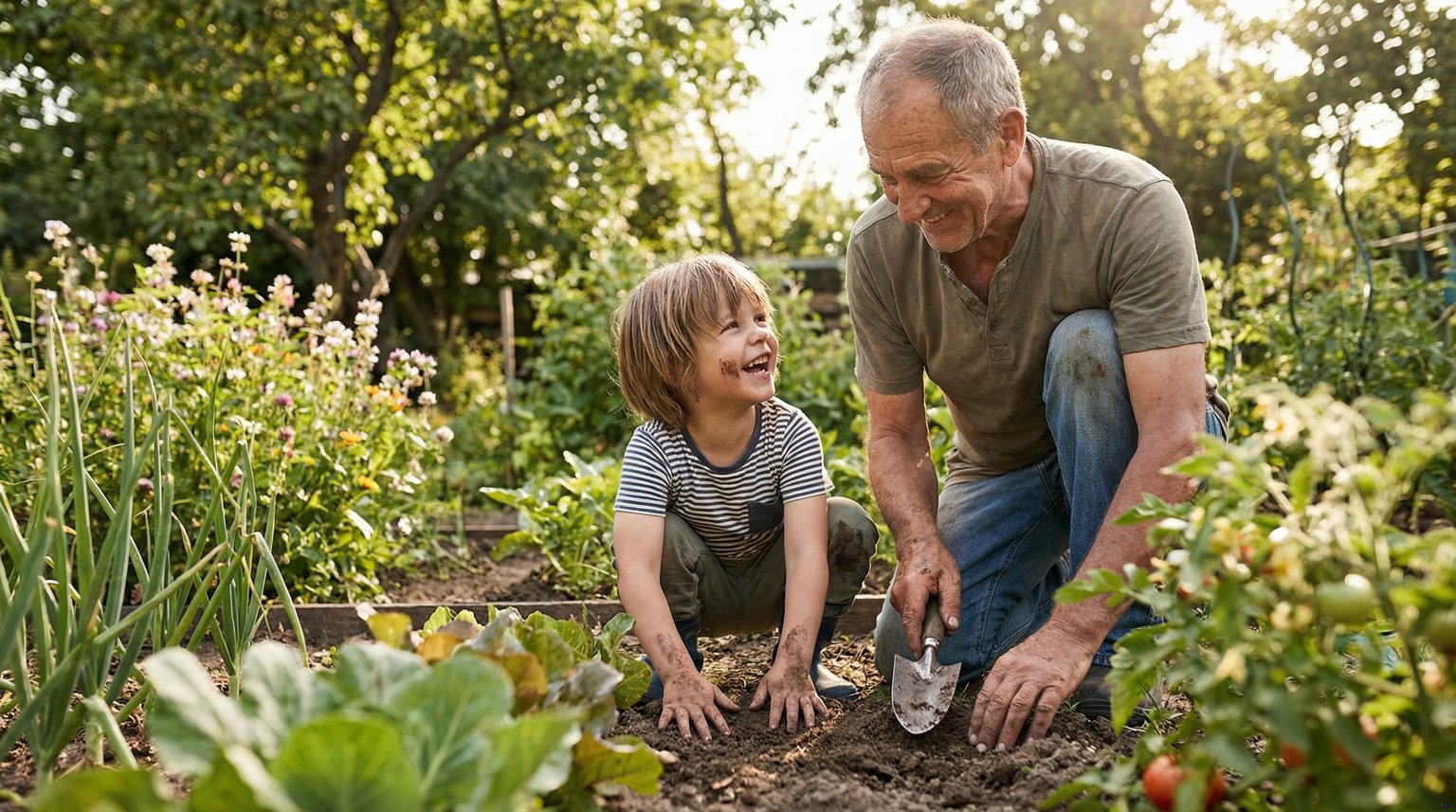 Grandfather and young grandchild gardening together with dirt on their hands in sunny backyard
