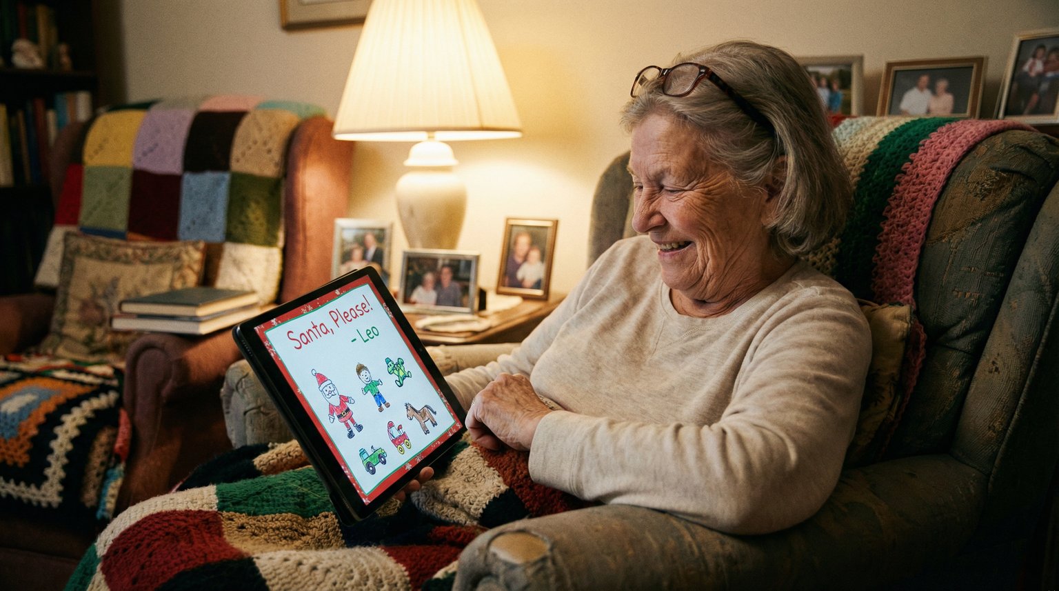 Grandmother with delighted expression looking at tablet screen showing child wishlist during video call