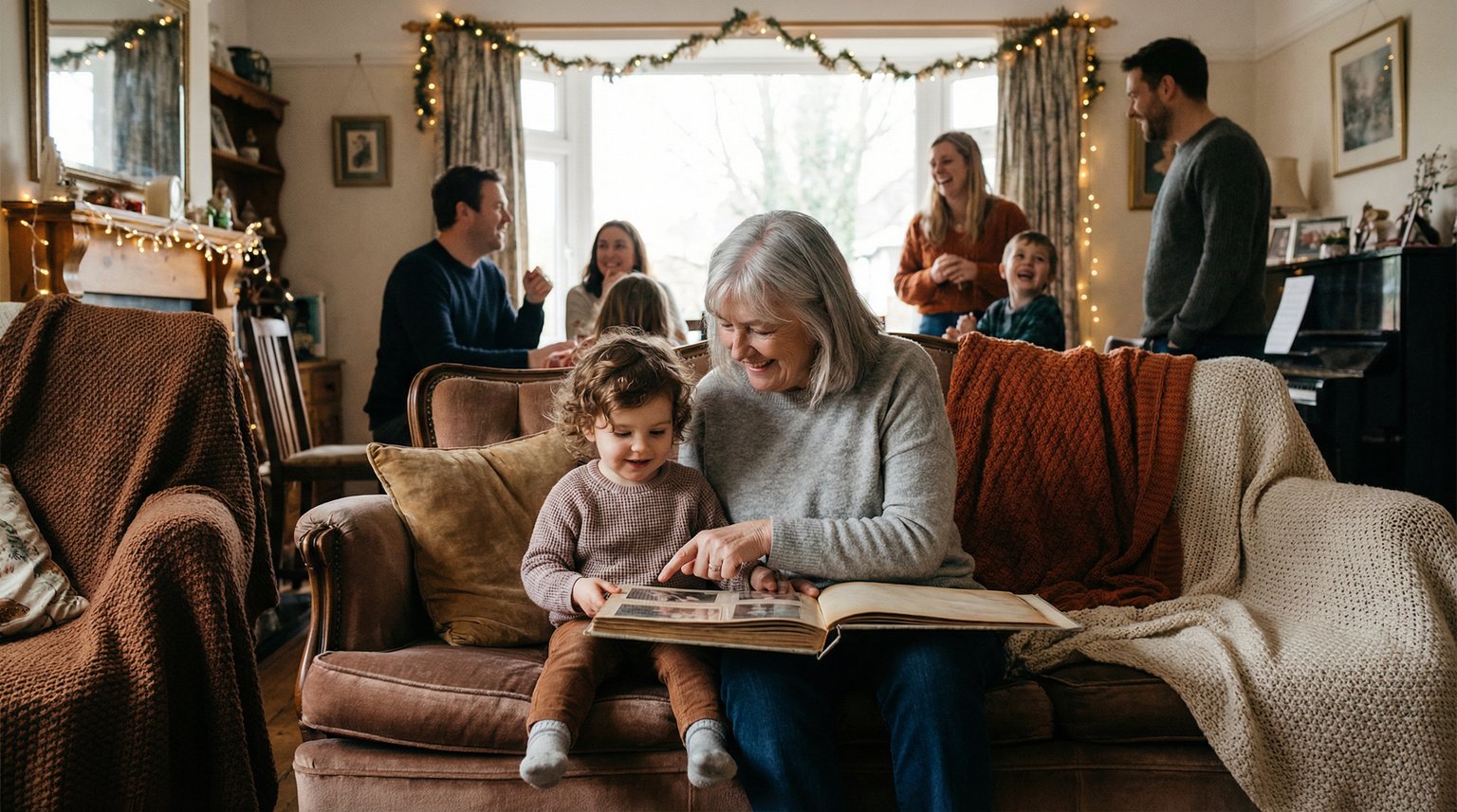 Grandmother and young child looking at old photo album together on cozy couch with soft string lights in background