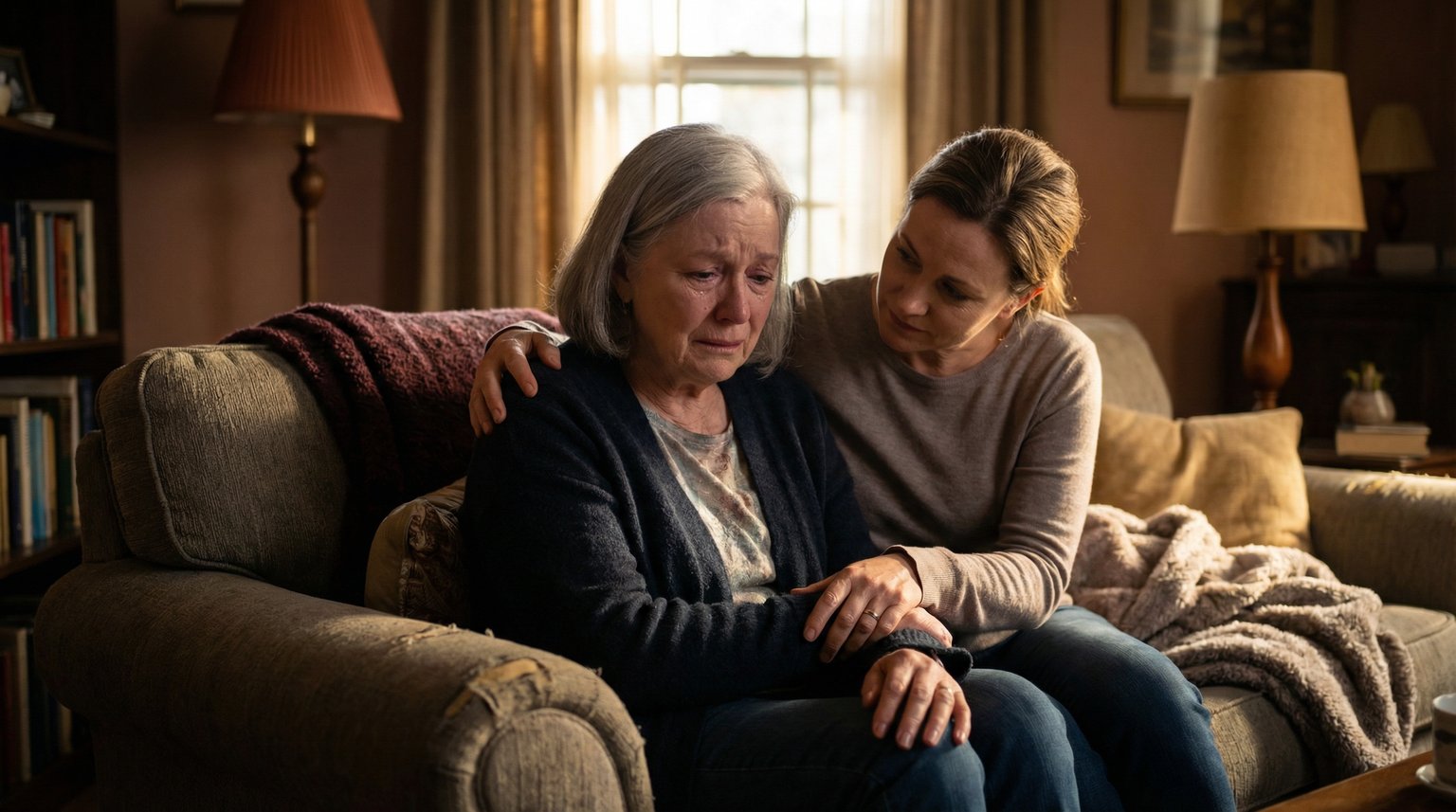 Grandmother looking vulnerable being comforted by adult daughter with reassuring hand on arm sitting on couch together