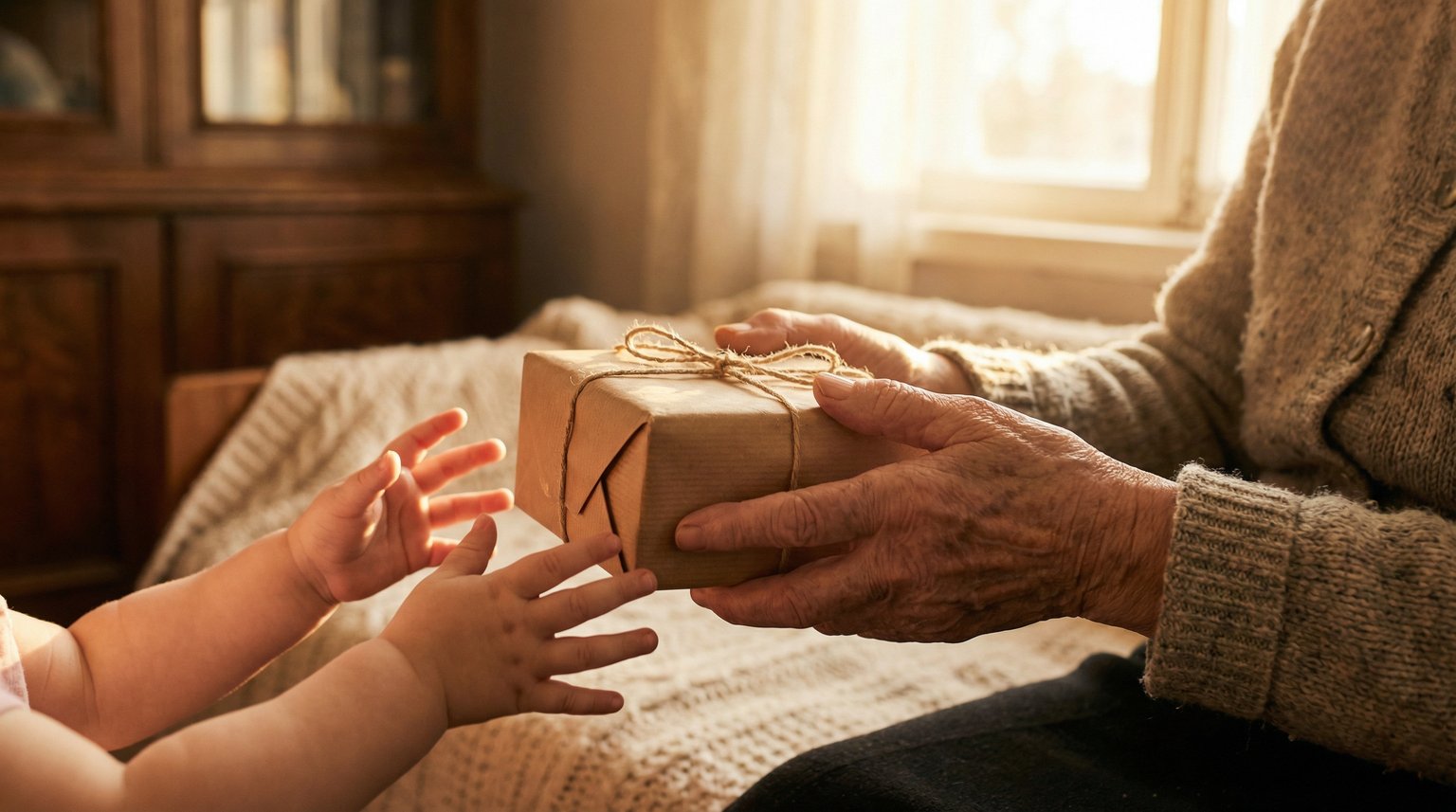 Elderly grandmother's hands holding wrapped gift while child's hands reach toward it