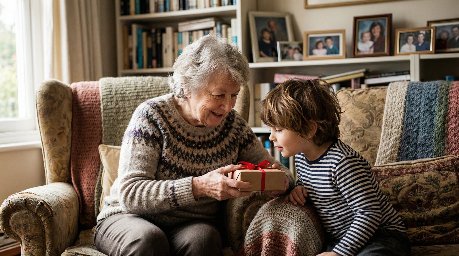 Grandmother handing wrapped gift to young grandchild on couch with hopeful anticipation on her face