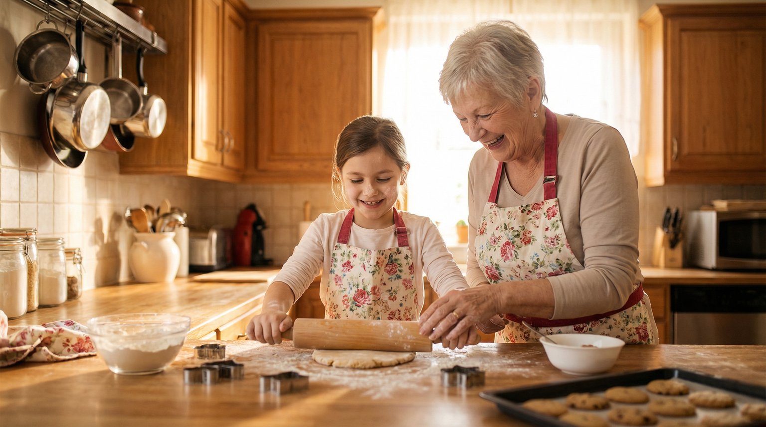 Grandmother and young grandchild baking cookies together in warm kitchen with flour on counter
