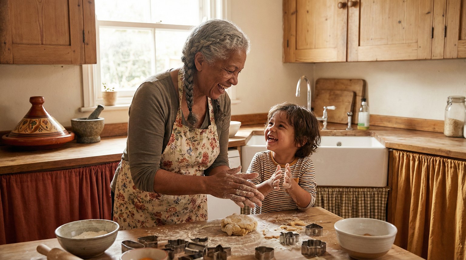 Grandmother and grandchild baking together with flour on hands and genuine laughter in warm kitchen
