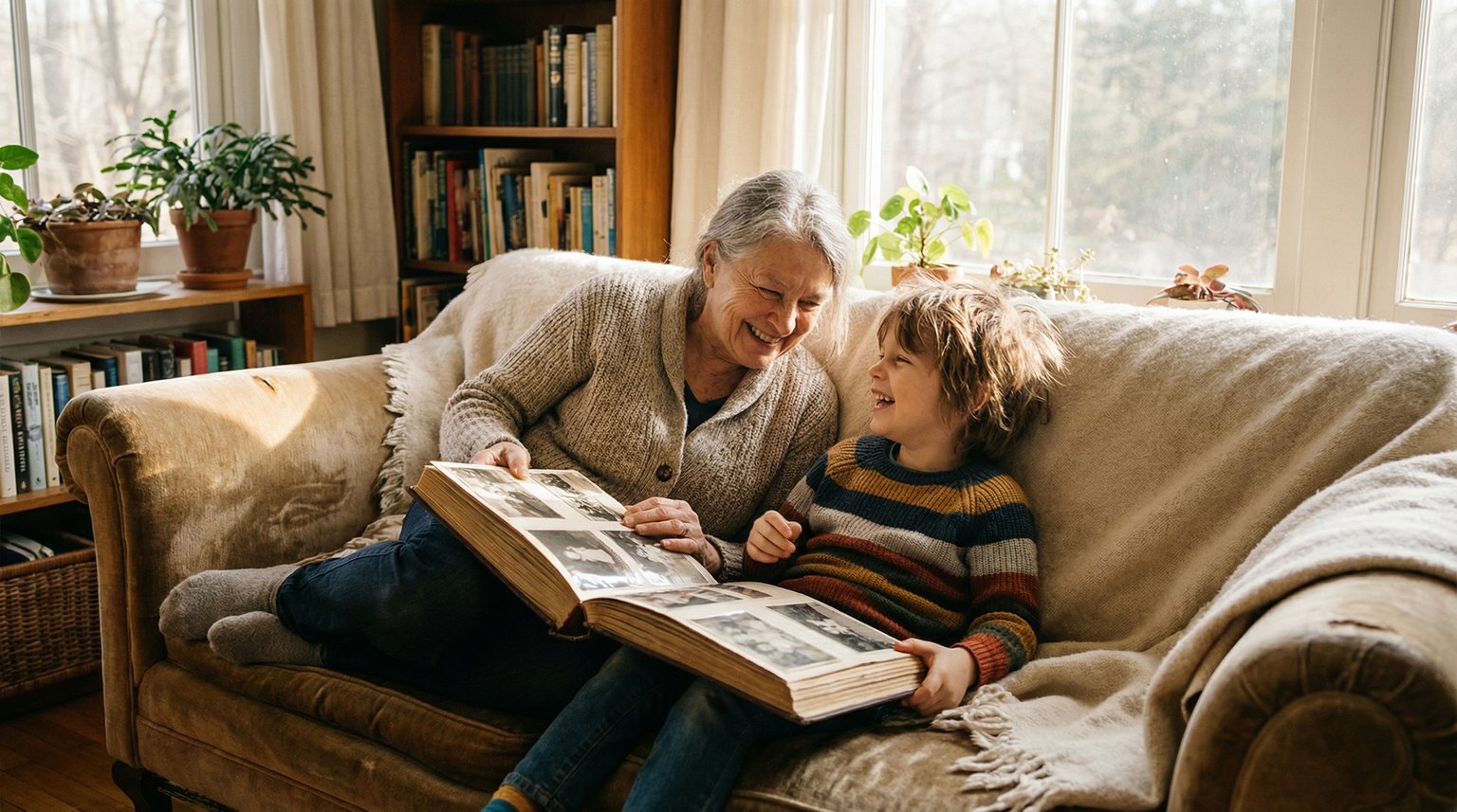 Grandmother and young grandchild sitting together on couch sharing a warm moment looking at photo album