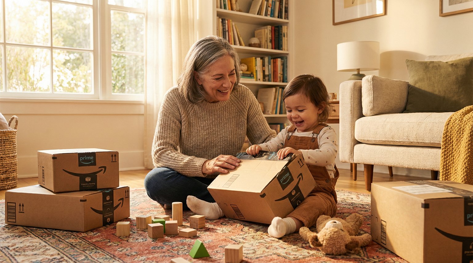 Grandmother and 4-year-old grandchild sitting on living room floor surrounded by Amazon packages and toys