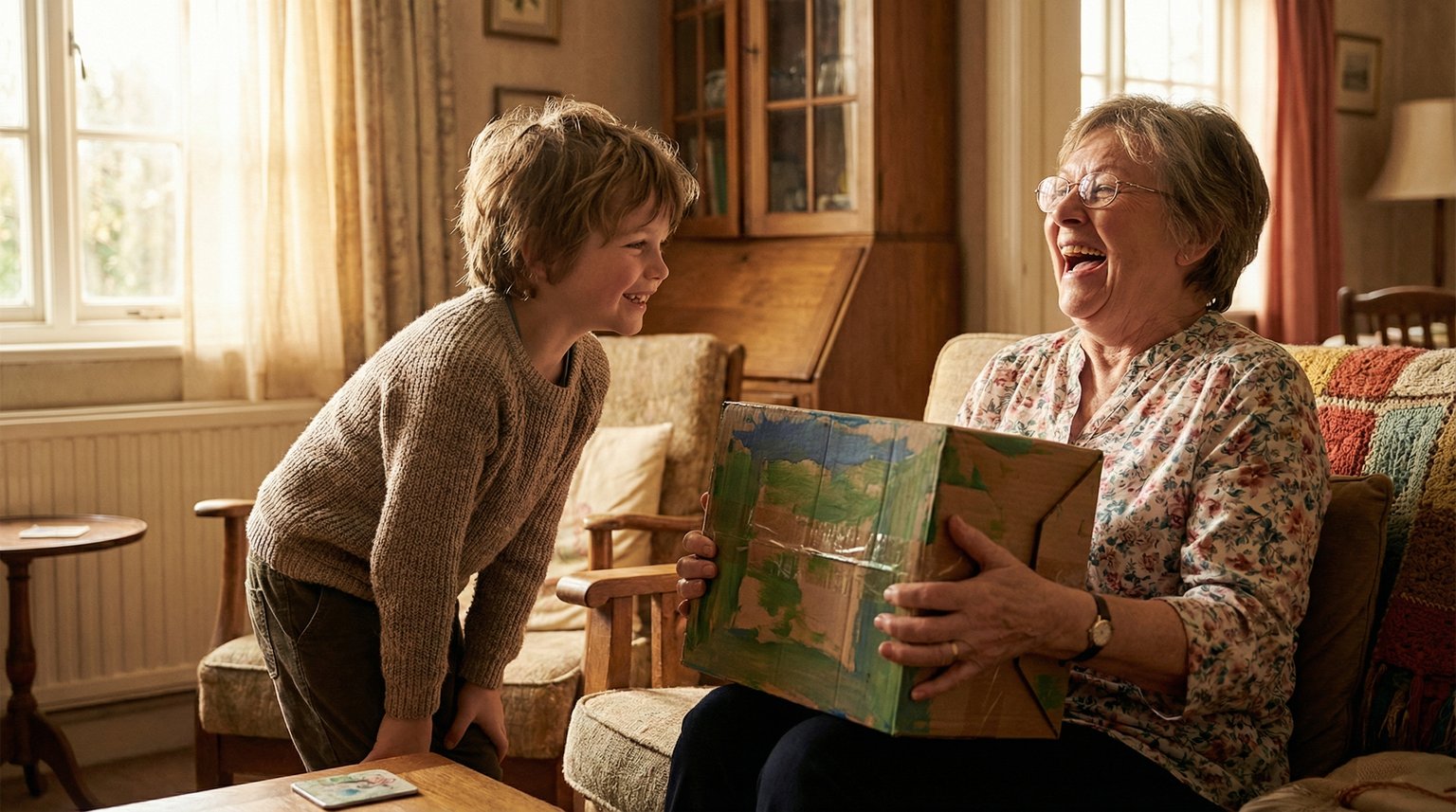 Young child watching grandmother's delighted reaction while opening handmade gift
