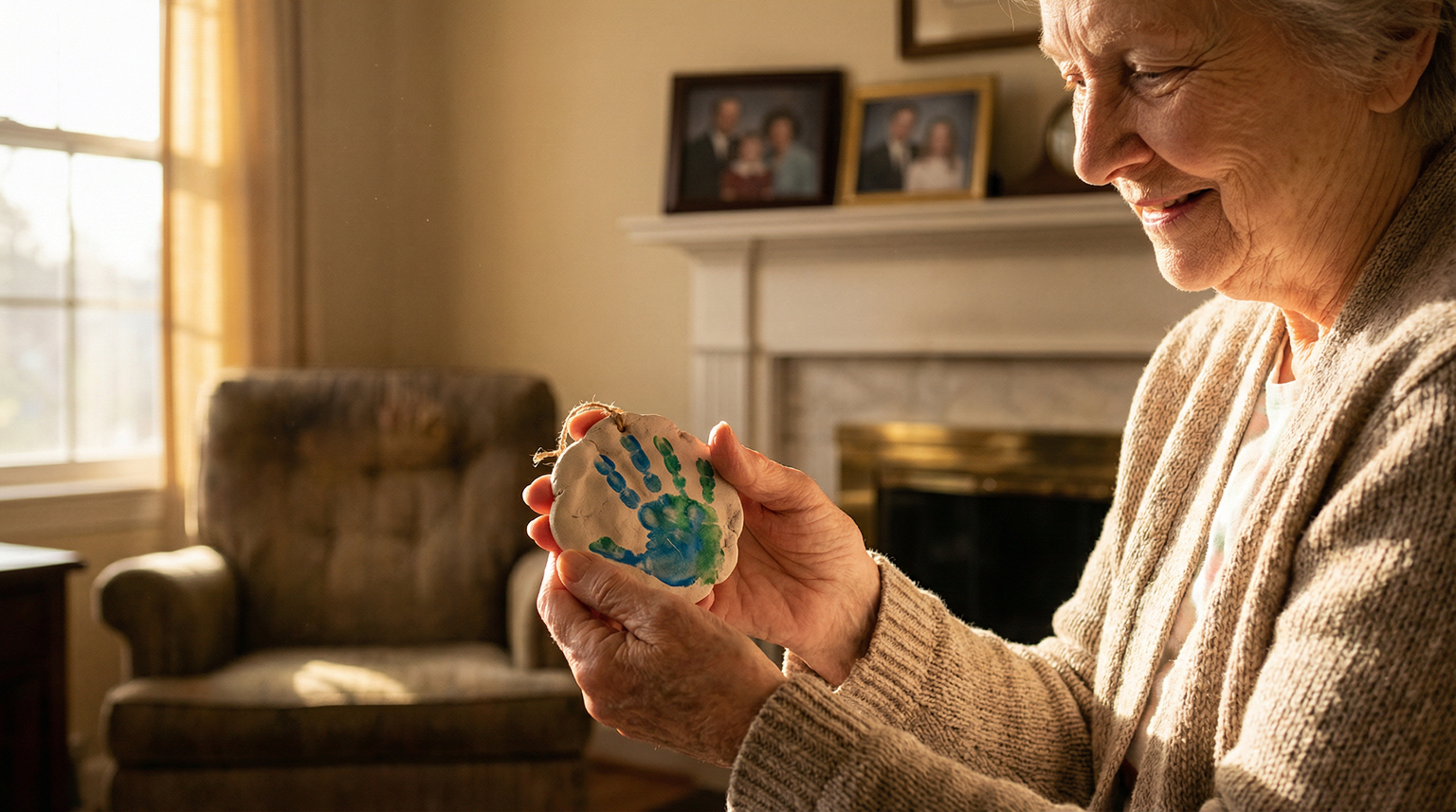 Grandmother's weathered hands tenderly holding child's handmade clay handprint ornament in soft morning light