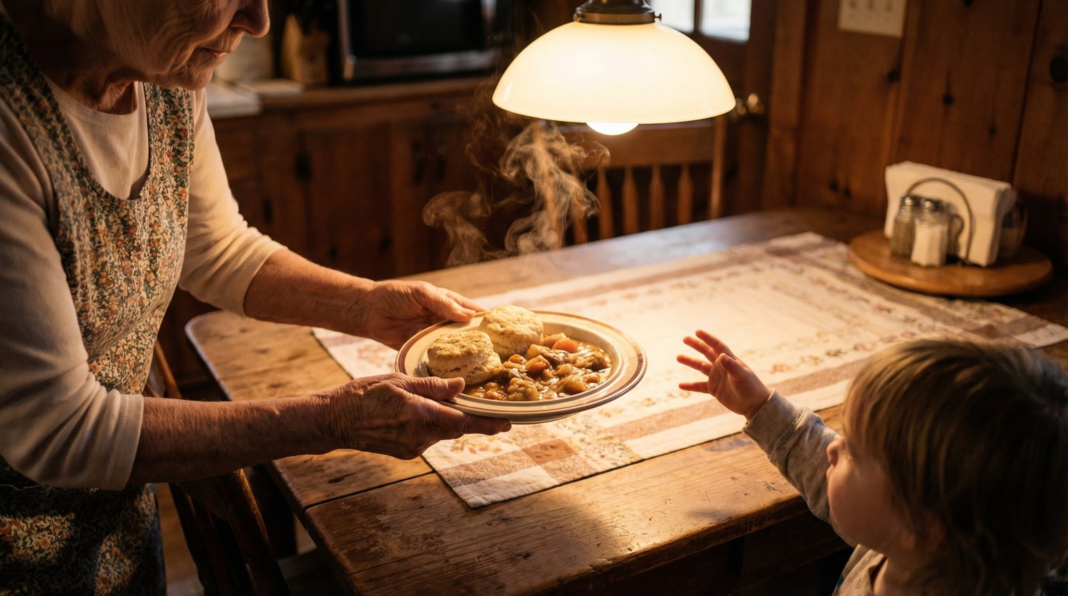 Elderly grandmother hands gently offering plate of homemade food to young grandchild at rustic kitchen table