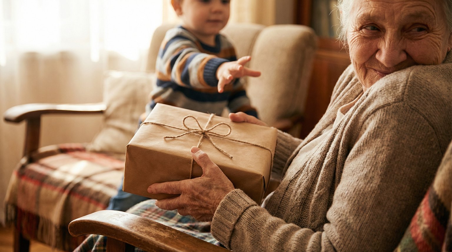 Elderly grandmother's hands holding wrapped gift box with hopeful expression and grandchild reaching toward it