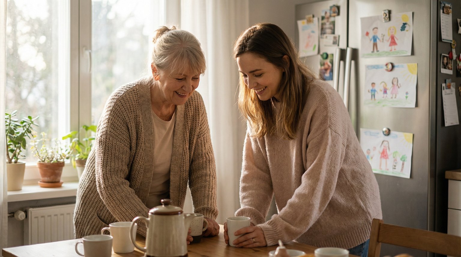 Grandmother and young mother having relaxed conversation over coffee at kitchen table