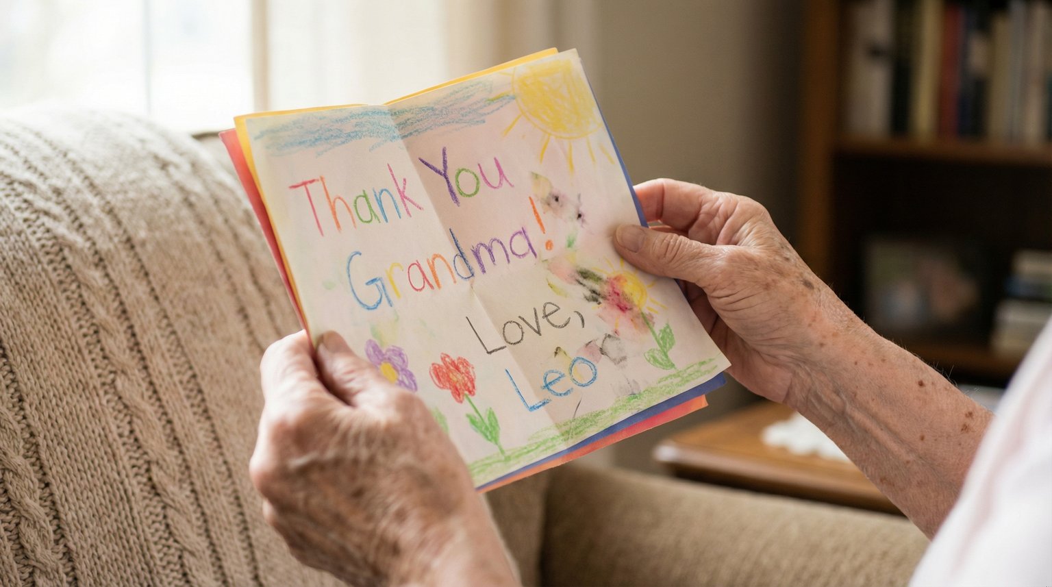 Grandmother's weathered hands holding colorful handwritten thank you card with crayon drawings