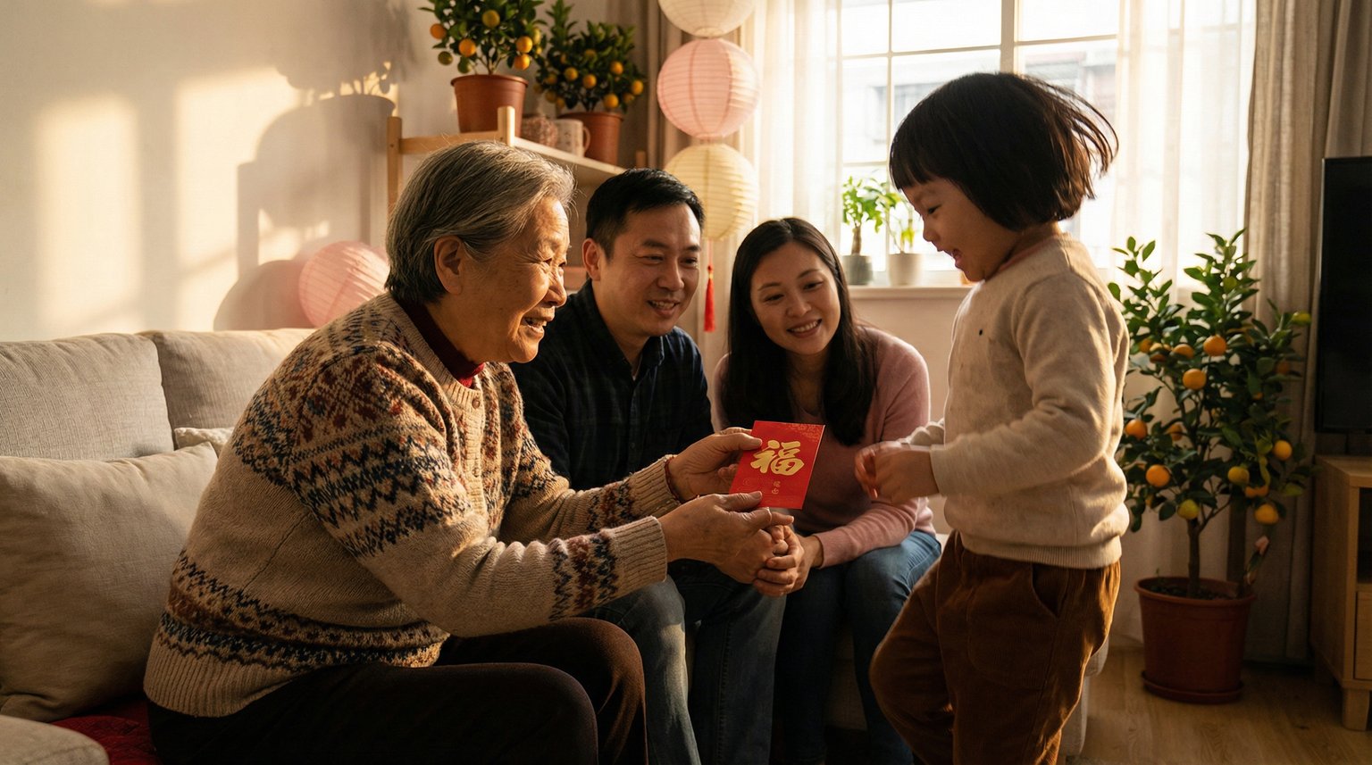 Grandmother handing red envelope to excited grandchild while parents watch warmly with Lunar New Year decorations