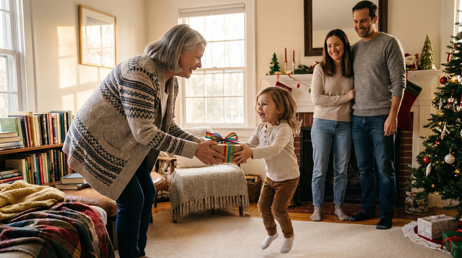Grandparent handing wrapped gift to excited young child while parent watches warmly
