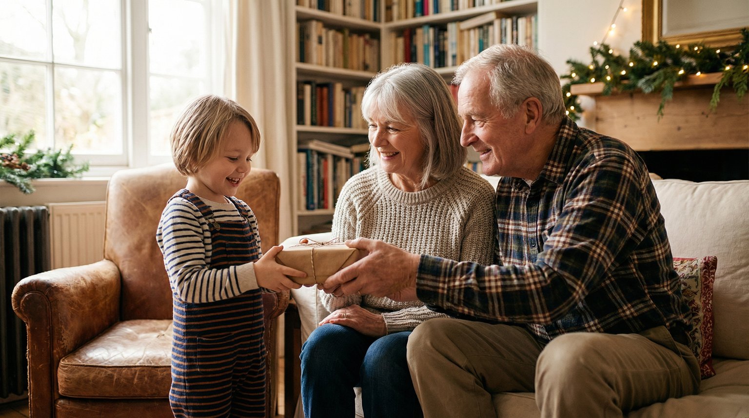 Grandparents sharing a meaningful moment with young grandchild while giving a wrapped gift