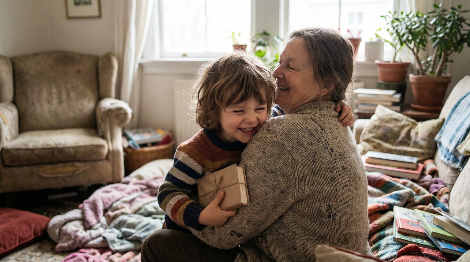 Young child genuinely hugging grandparent after receiving simple gift with pure joy