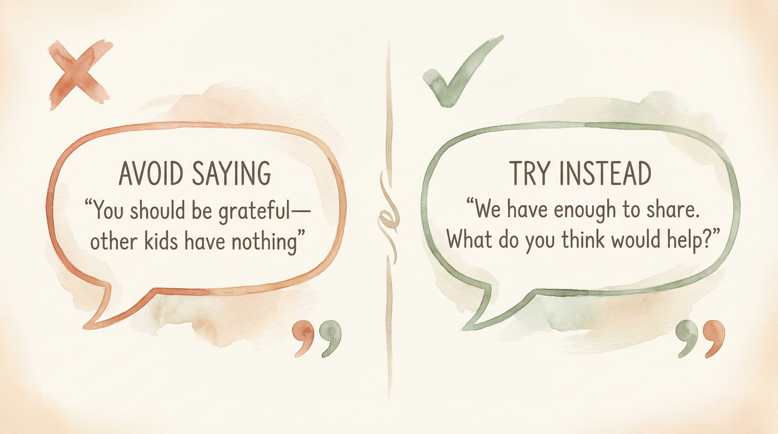 Comparison chart showing guilt-based language versus joy-based alternatives for teaching charity