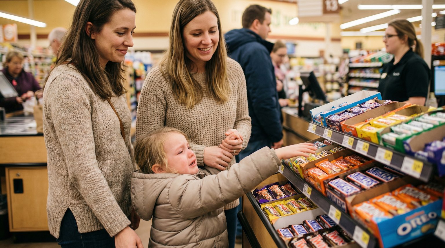 Tired but patient mother holding hand of frustrated 4-year-old reaching toward candy at grocery checkout