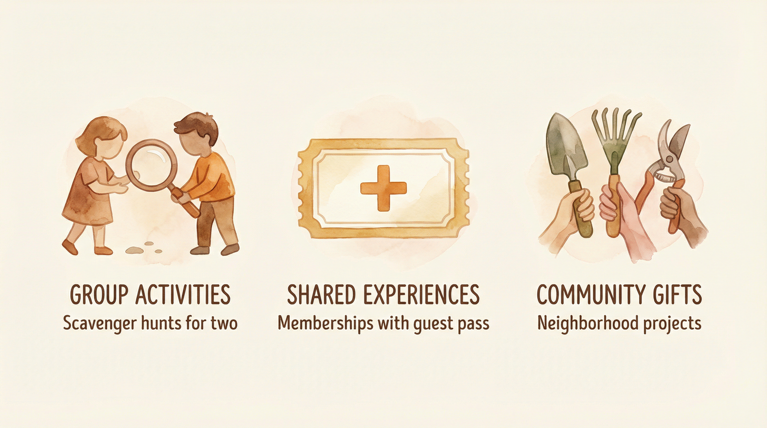 Illustrated guide showing group activities, shared experiences, and community gift ideas