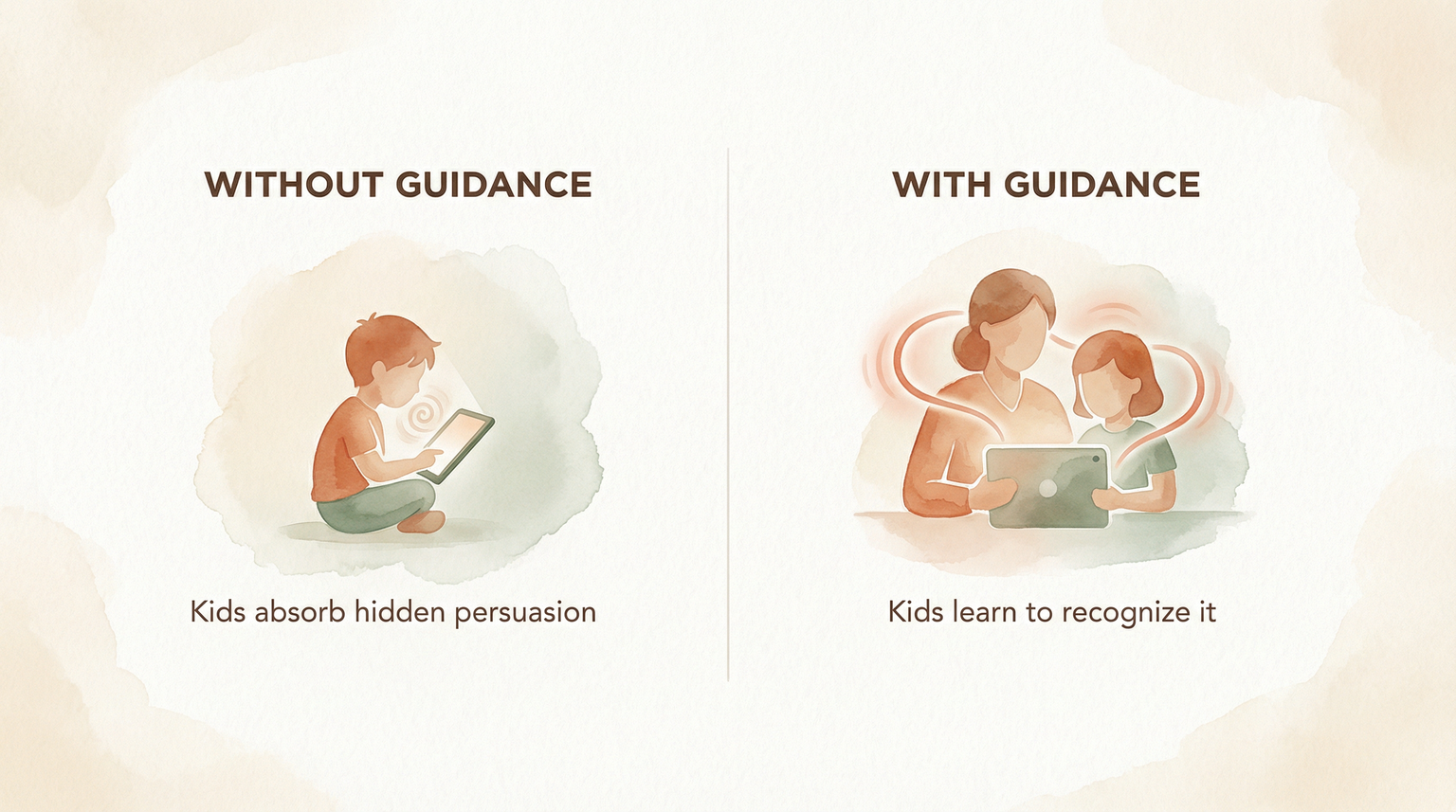 Two panel comparison showing child alone with screen versus parent and child watching together