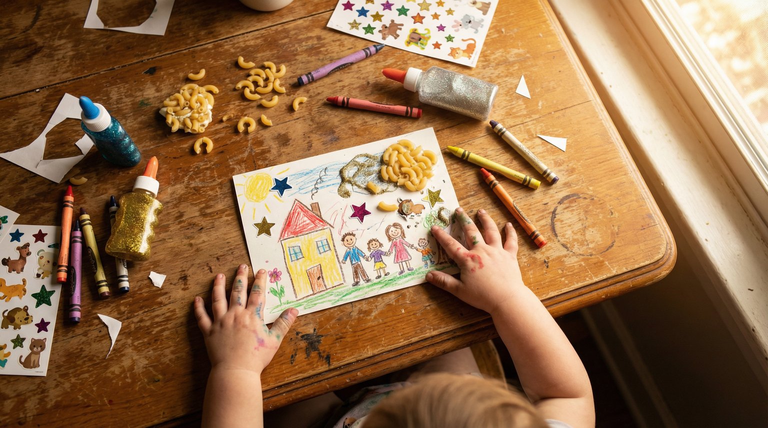 Overhead view of small child hands creating handmade card with crayons stickers and craft supplies on wooden table