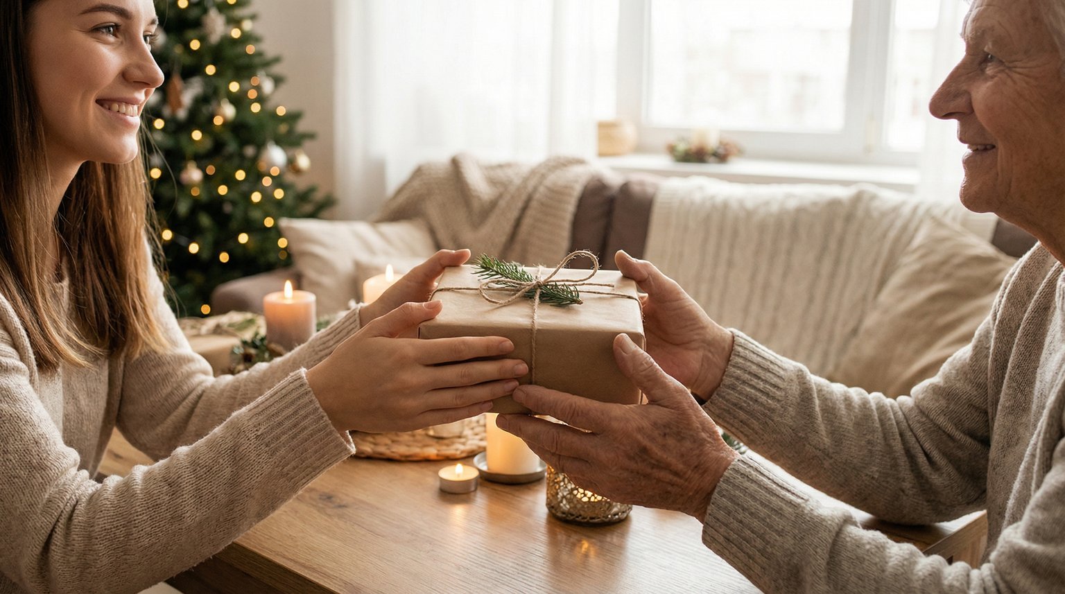 Close-up of parent and grandparent hands exchanging wrapped gift across holiday table
