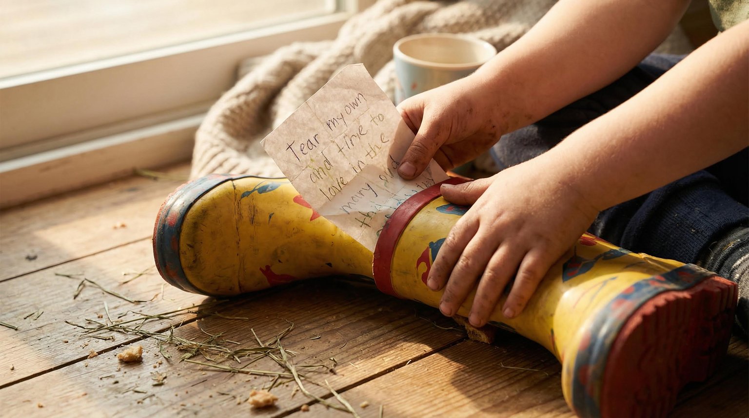 Child's hands placing handwritten note into colorful rain boot with grass clippings nearby