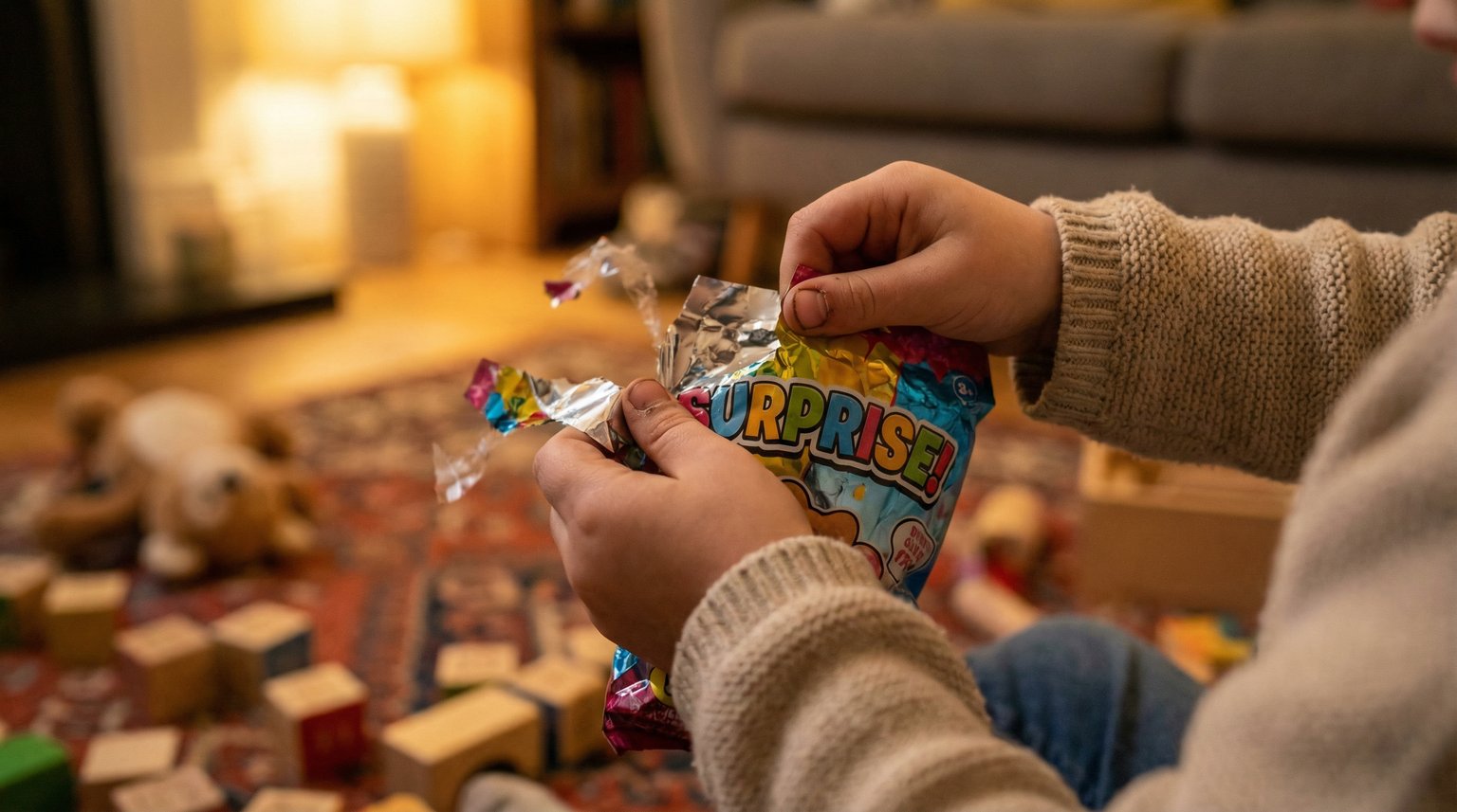 Close-up of child's hands excitedly tearing open colorful blind bag surprise toy