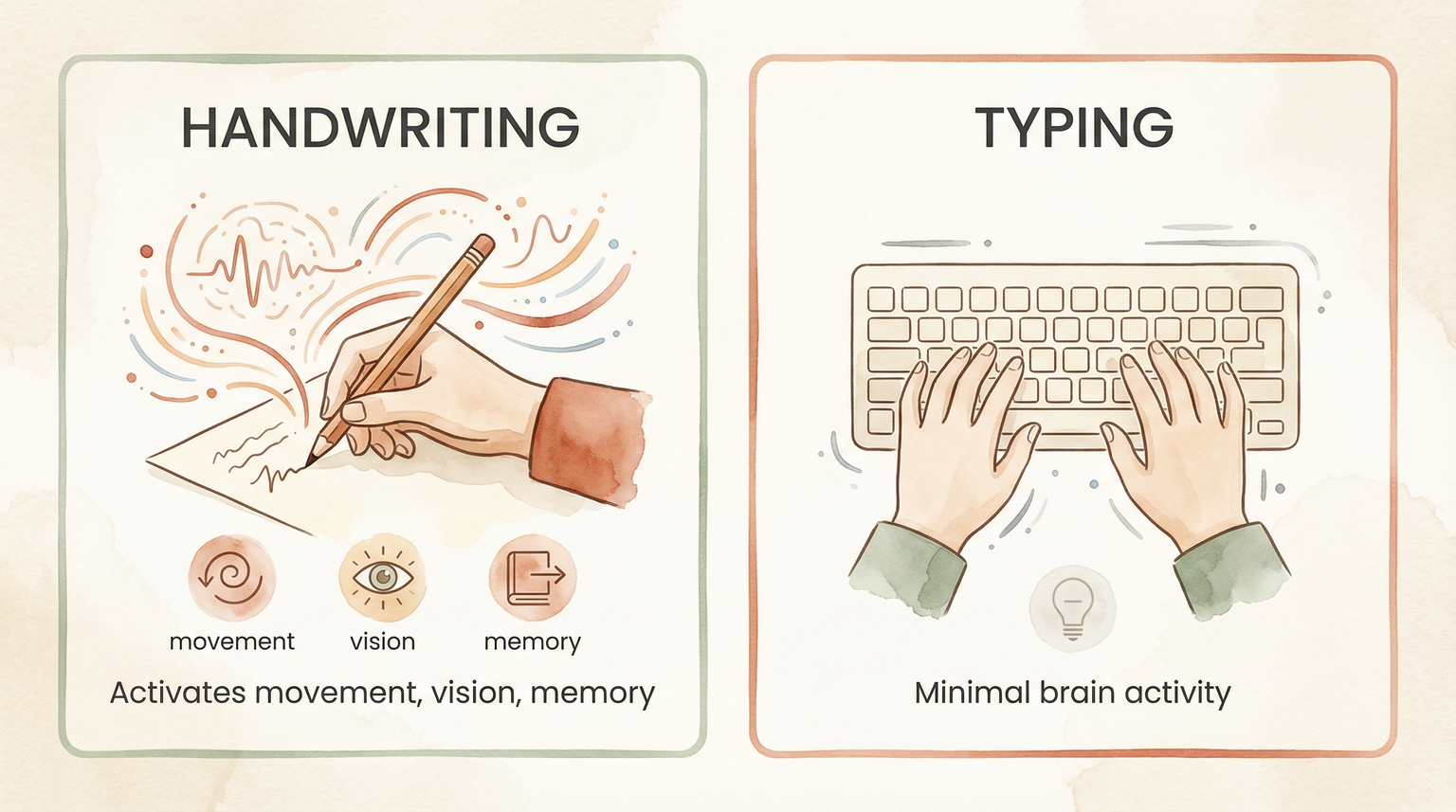 Comparison showing handwriting activates movement, vision and memory while typing shows minimal brain activity