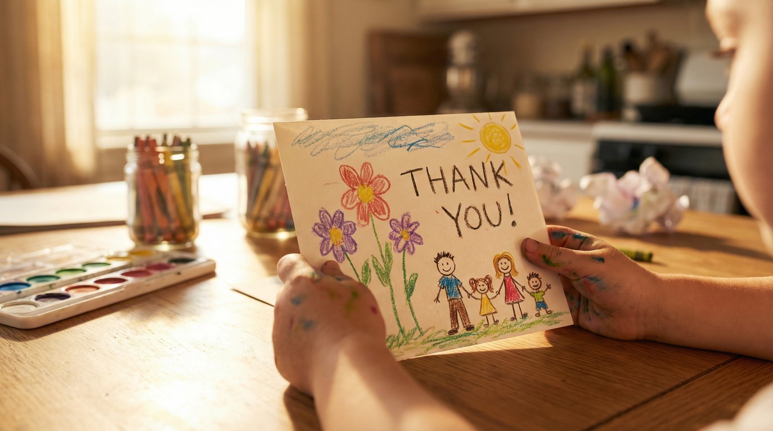 Close-up of child's hands holding handwritten thank you card with colorful crayon drawings at sunny kitchen table