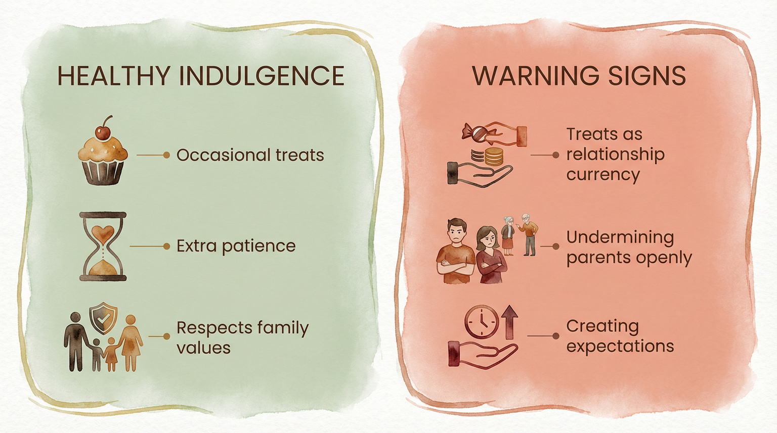 Comparison chart showing healthy indulgence versus warning signs in grandparent spoiling