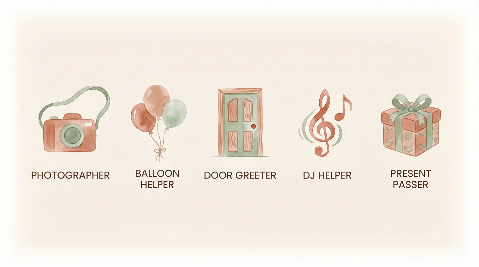 Five icons showing helper jobs for non-birthday siblings including photographer, balloon helper, door greeter, DJ helper, and present passer
