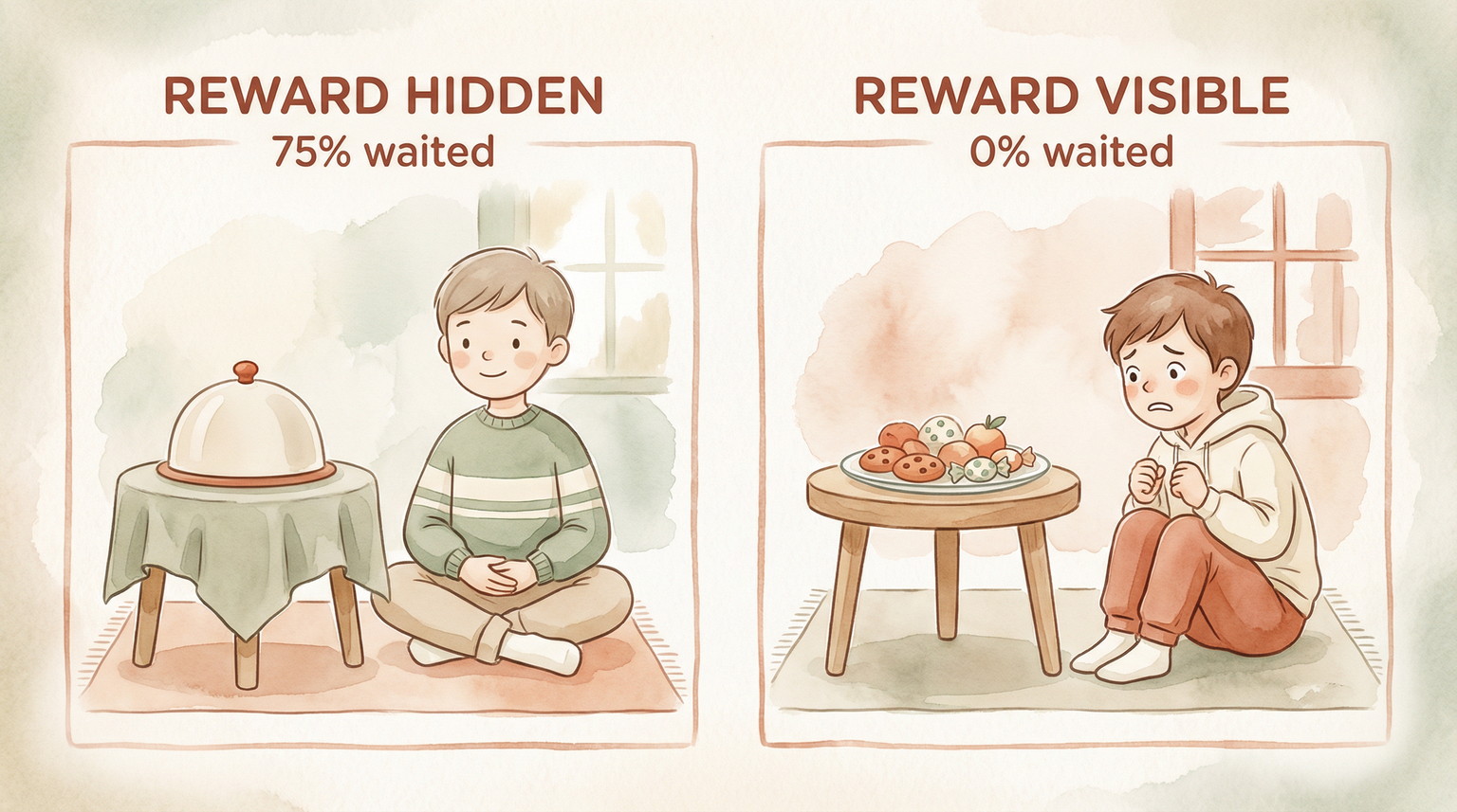 Comparison showing 75 percent of children waited when reward hidden versus zero percent when reward visible