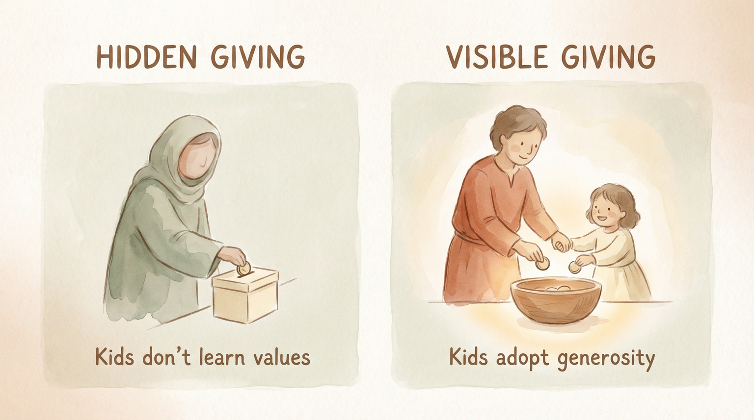 Comparison showing hidden giving doesn't teach kids while visible giving builds generosity