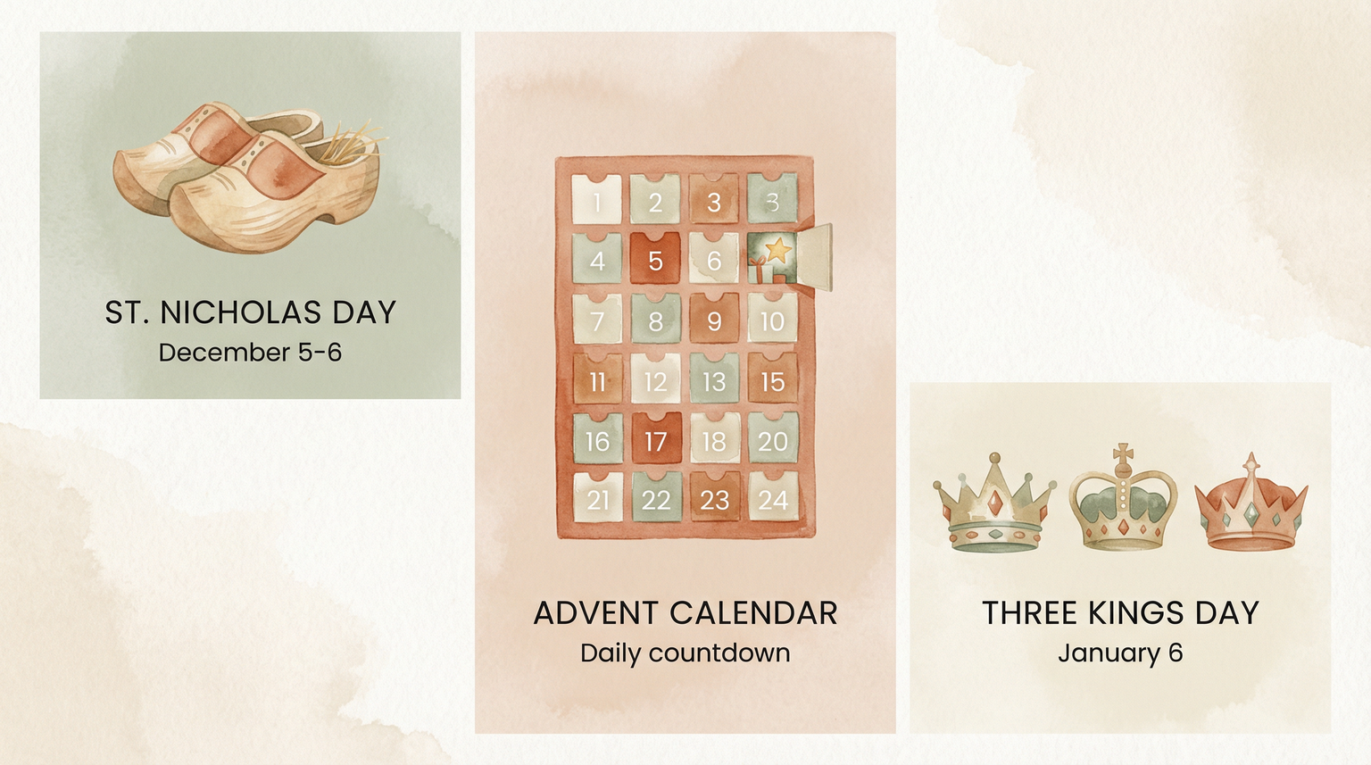 Infographic showing three anticipation traditions: St Nicholas Day, Advent Calendar, and Three Kings Day