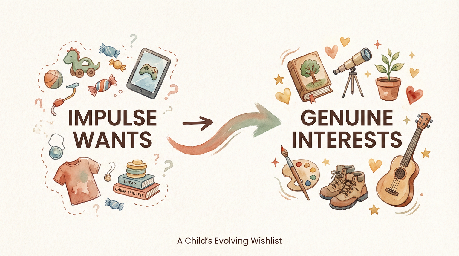 Illustration showing transformation from many scattered impulse wants to fewer meaningful genuine interests