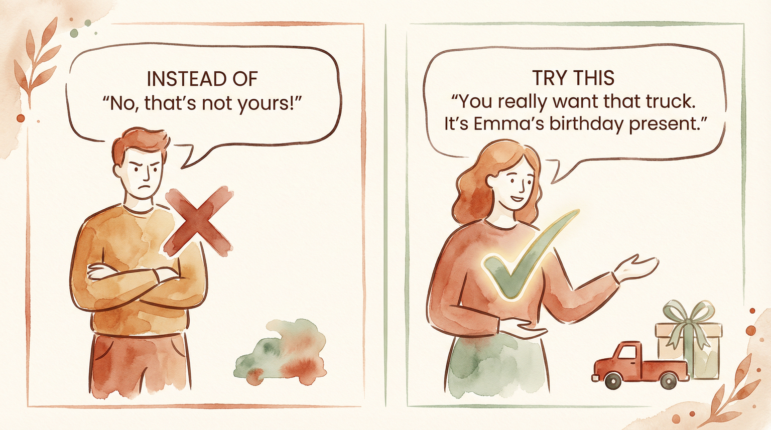Two-panel comparison showing what to say instead of no thats not yours