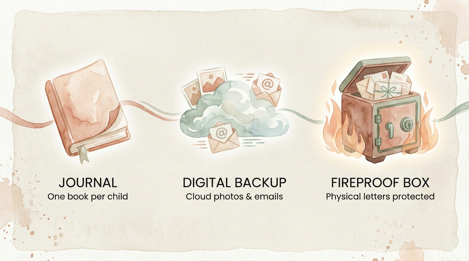 Three storage methods for birthday letters showing journal, digital backup, and fireproof box options