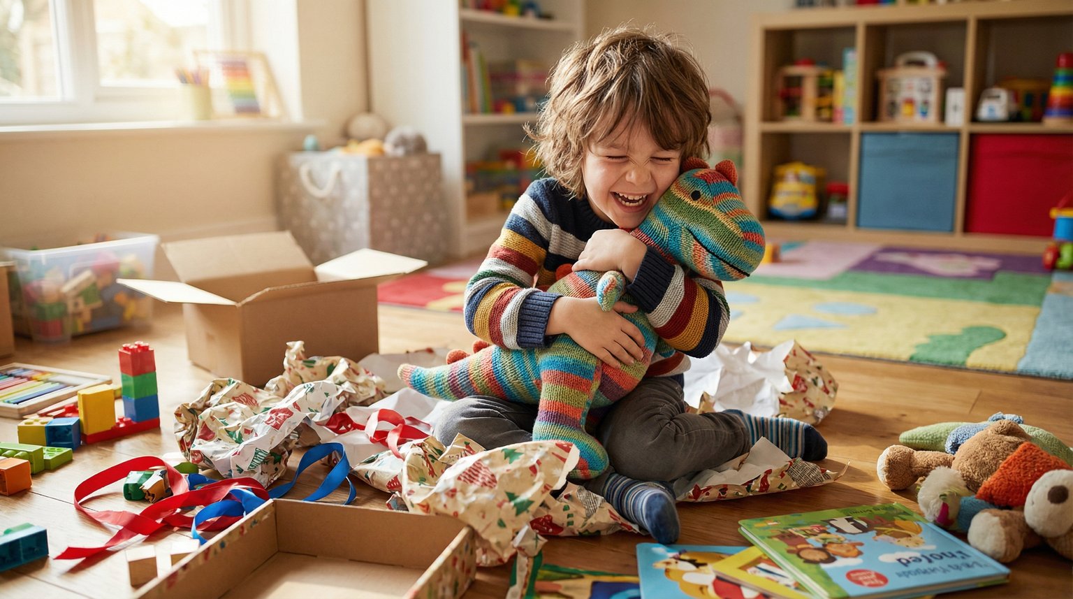 Laughing child surrounded by colorful toys and wrapping paper hugging a plush toy