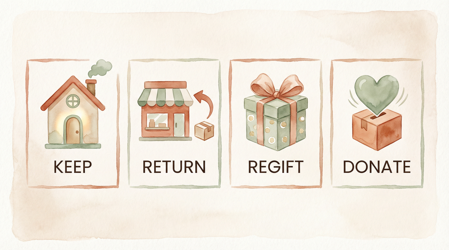 Four icons showing gift options of keep, return, regift, and donate