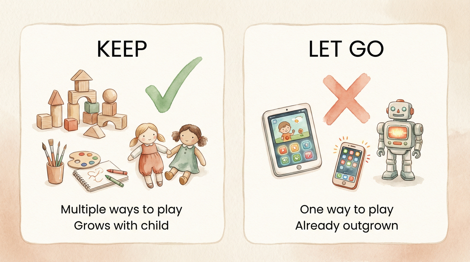 Comparison chart showing keep criteria versus donate criteria for toy decisions